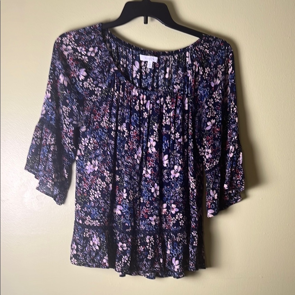 Fever Pink dark blue and White Ruffled bohemian Blouse with 3/4 Sleeves